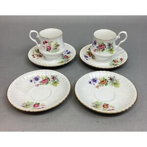 Vintage Royal Windsor Bone China Set Of 2 Floral Teacups And 4 Saucers - England
